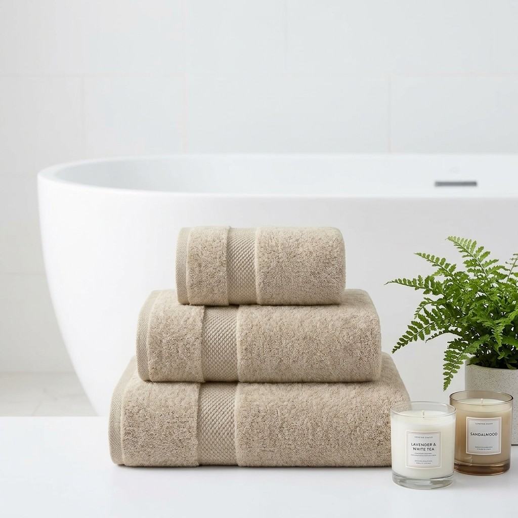 Stack of beige towels on a white surface with candles and a plant in the background