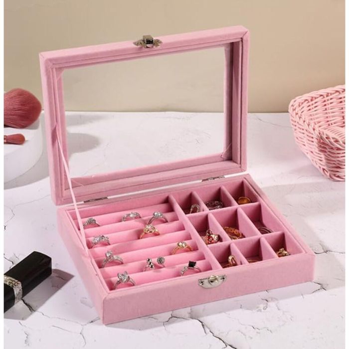 Velvet Jewelry Storage Organizer with Glass Lid