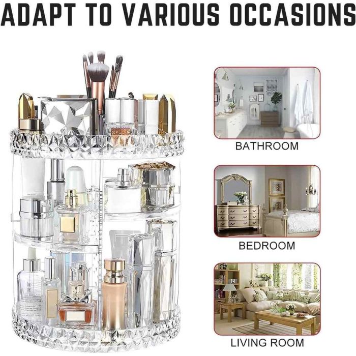 منظم مكياج دوار من الأكريليك بثلاثة أرفف