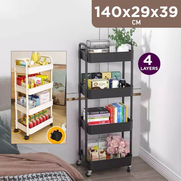 Black multi-layer storage cart with 4 layers, shown with items on a white background.